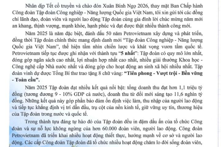 Thư chúc mừng năm mới Bính Ngọ 2026 của Chủ tịch Công đoàn Tập đoàn Công nghiệp – Năng lượng Quốc gia Việt Nam