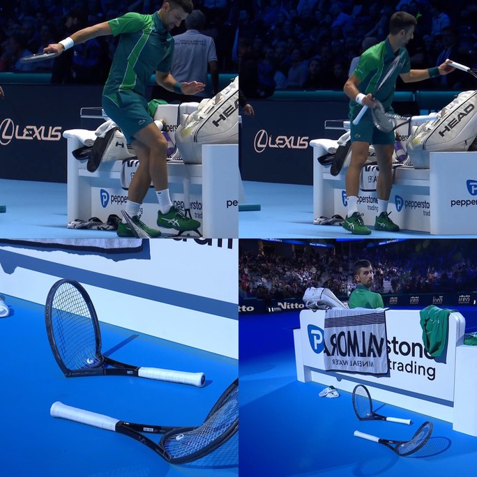 Djokovic mở màn vất vả ở ATP Finals với cú đạp gẫy 2 cây vợt - Ảnh 1.