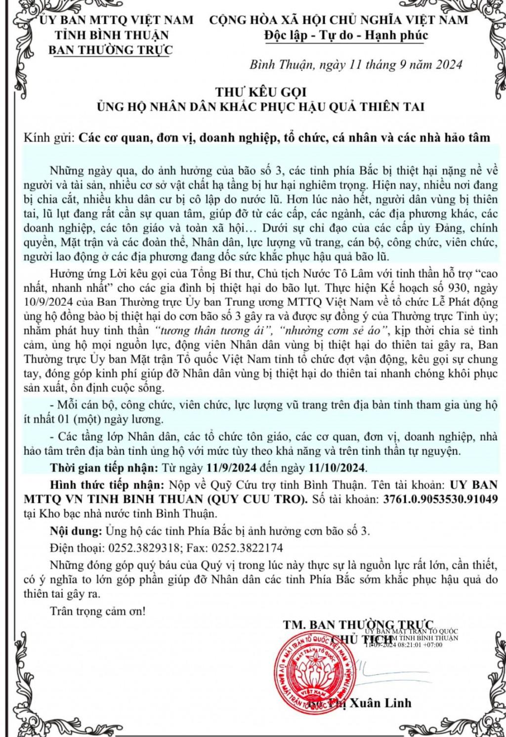 UB MTTQ Việt Nam tỉnh Bình Thuận đã gửi thư kêu gọi các cơ quan, đơn vị, cá nhân và các nhà hảo tâm cùng chung tay ủng hộ nhân dân các tỉnh miền Bắc khắc phục hậu quả thiên tai.