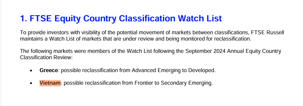 Việt Nam có thể được phân loại lại từ cận biên sang mới nổi thứ cấp. Nguồn: FTSE