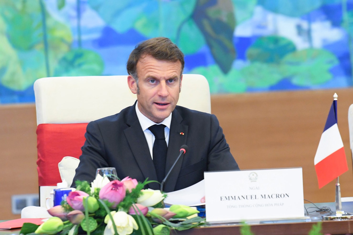Tổng thống Cộng hòa Pháp Emmanuel Macron phát biểu tại cuộc hội kiến. Ảnh: Lâm Hiển