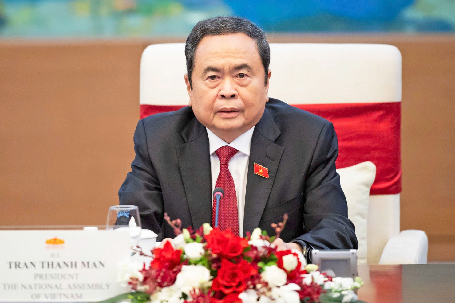 Chủ tịch Quốc hội Trần Thanh Mẫn phát biểu tại cuộc hội kiến Tổng thống Hungary. Ảnh: Phạm Thắng