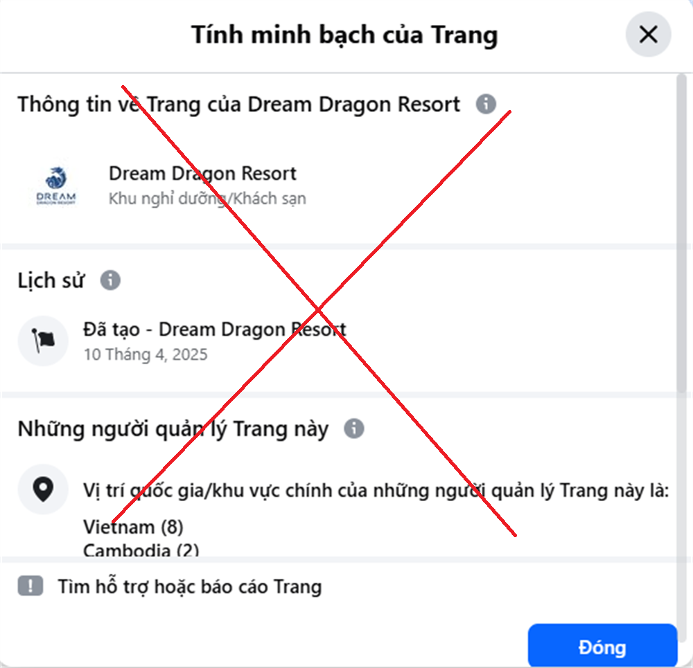 Hình ảnh page giả, mạo danh Dream Dragon Resort. Ảnh: Bộ Công an.