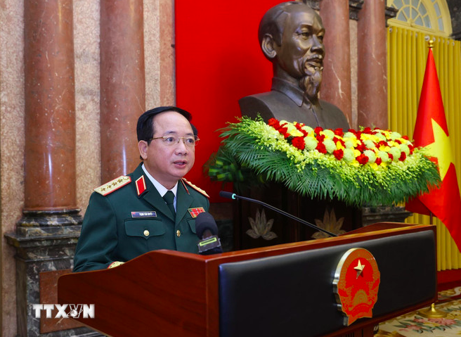 Đại tướng Trịnh Văn Quyết, Bí thư Trung ương Đảng, Chủ nhiệm Tổng cục Chính trị Quân đội nhân dân Việt Nam phát biểu. (Ảnh: Lâm Khánh/TTXVN)