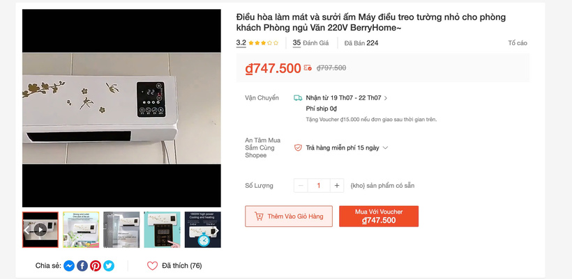 Điều hoà mini treo tường giá chỉ chưa đầy 800.000 đồng trên sàn thương mại điện tử. Ảnh chụp màn hình