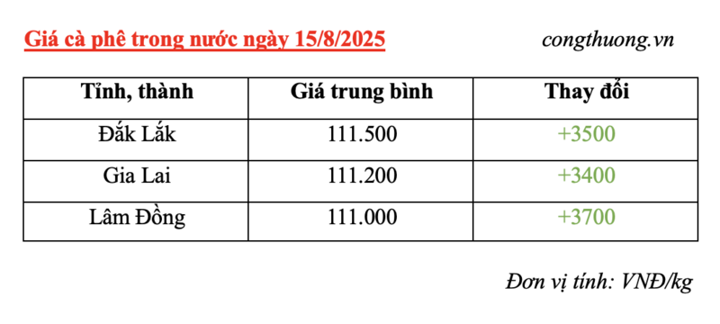 Bảng giá cà phê trong nước sáng ngày 15/8/2025