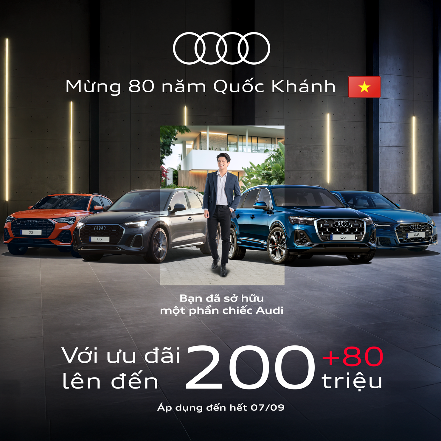 Nhân dịp Đại lễ kỷ niệm 80 năm Quốc khánh 2/9, Audi Việt Nam tặng thêm ưu đãi 80 triệu đồng cho khách hàng mua xe trong khoảng thời gian từ ngày 1/9/2025 - 7/9/2025 cho mọi mẫu xe Audi, bên cạnh chương trình “Hè bùng nổ cùng Audi” được triển khai từ đầu tháng 7. 