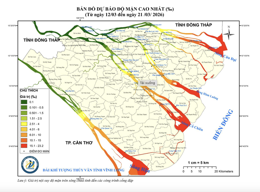 Bản đồ dự báo độ mặn ở Vĩnh Long từ ngày 12 - 21/3.