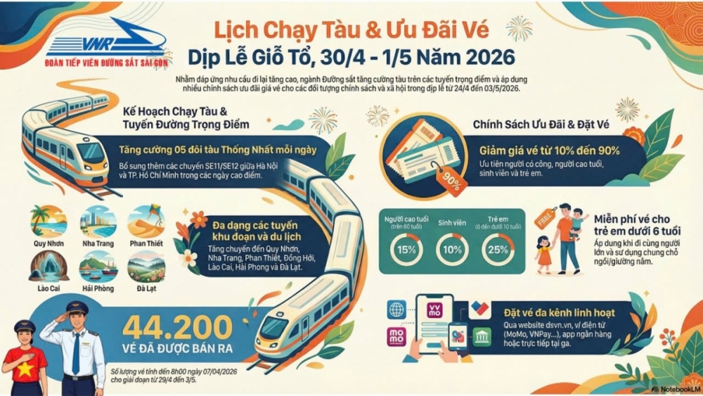 Giảm mạnh giá vé tàu hỏa dịp Giỗ tổ Hùng Vương và Lễ 30/4-1/5