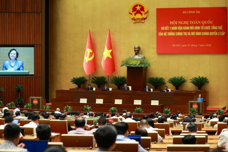 Hội nghị toàn quốc sơ kết 1 năm vận hành mô hình tổ chức tổng thể của hệ thống chính trị, mô hình chính quyền 3 cấp - Ảnh: VGP
