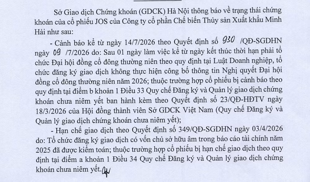 Cổ phiếu JOS rơi vào diện cảnh báo từ ngày 14/7/2026. Ảnh: HNX. screenshot-2026-07-15-073847.png