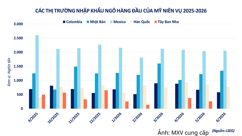 Các thị trường nhập khẩu ngô hàng đầu của Mỹ niên vụ 2025-2026.