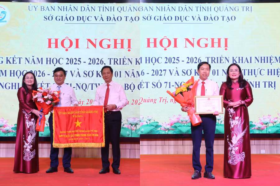 Lãnh đạo tỉnh và Sở GD&ĐT trao Cờ thi đua của UBND tỉnh cho Trường THPT Lương Thế Vinh và Bằng khen của UBND tỉnh cho cá nhân. collage-6.jpg