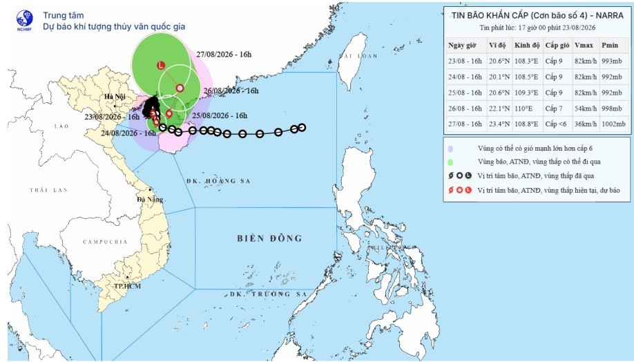 Bản đồ dự báo quỹ đạo và cường độ bão phát lúc 17h00 ngày 23/8/2026 (nguồn: Trung tâm Dự báo KTTV quốc gia) bao.jpg