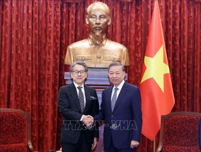 Tổng Bí thư, Chủ tịch nước Tô Lâm tiếp ông Maeda Tadashi, Chủ tịch Hội đồng quản trị Ngân hàng Hợp tác Quốc tế Nhật Bản (JBIC). Ảnh: Thống Nhất/TTXVN